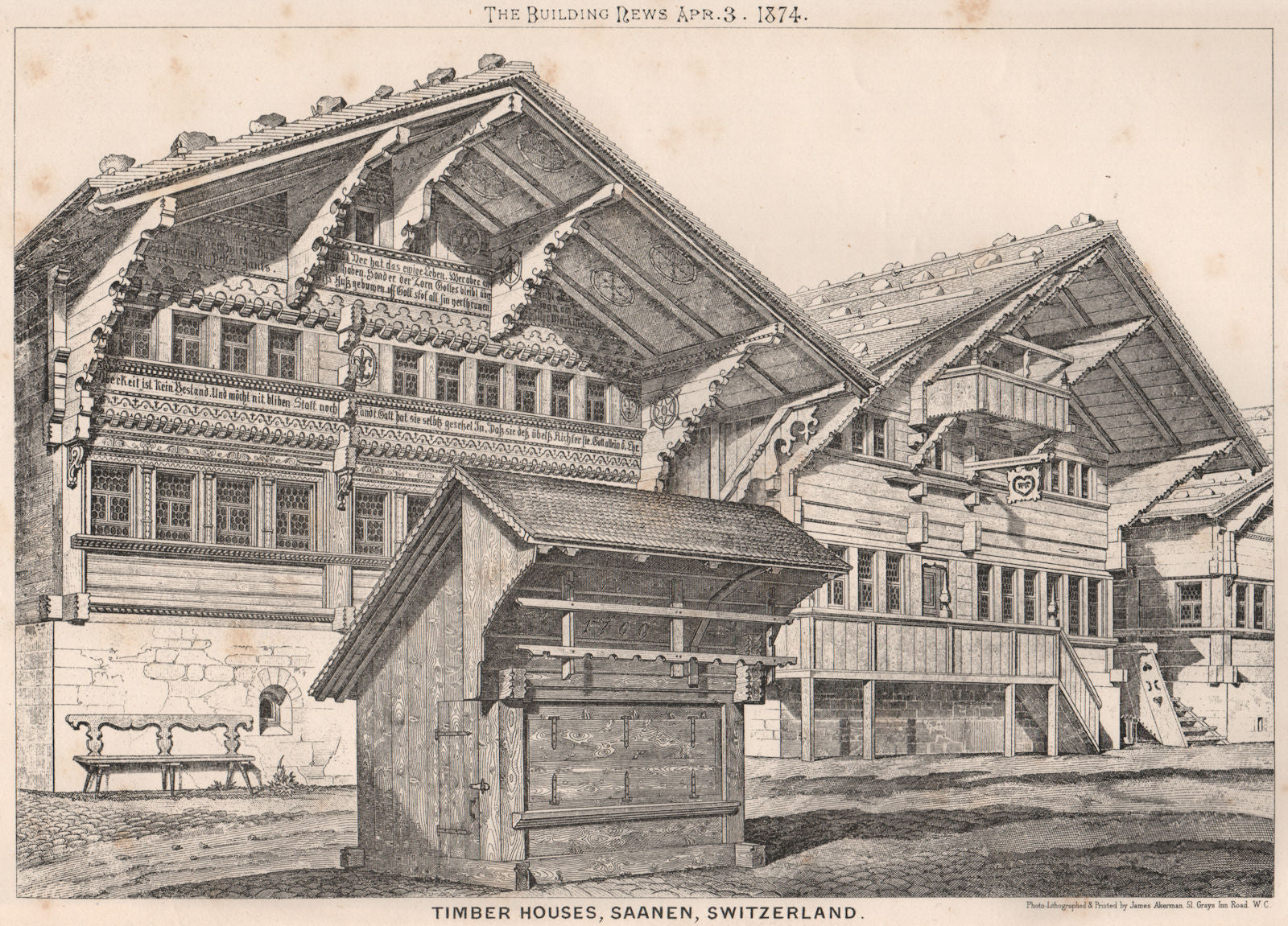 Timber Houses, Saanen, Switzerland 1874 old antique vintage print picture